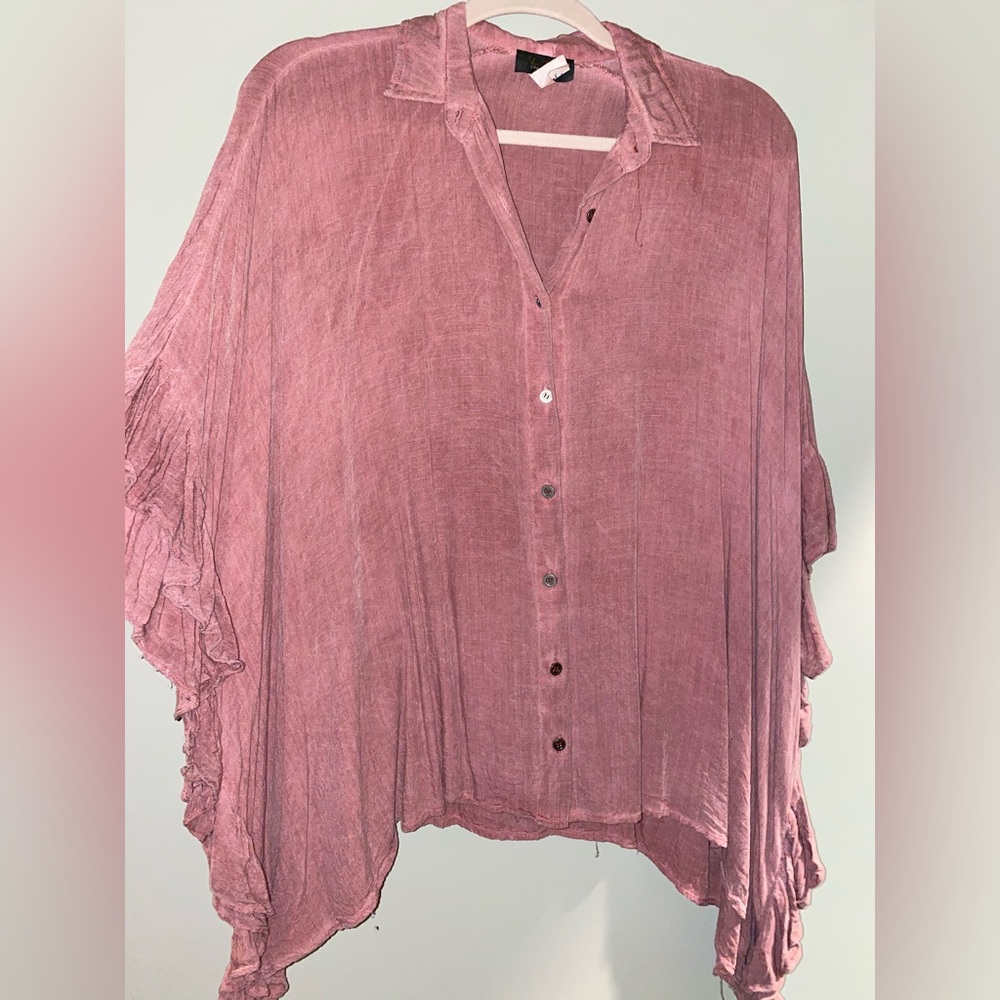 Berry Mineral Wash Flutter Sleeve Poncho Style Button Down Top